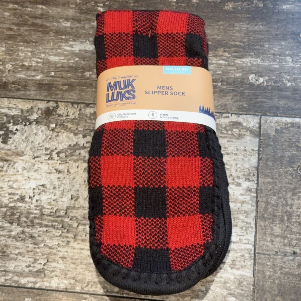 Muk Luks Slipper Sock Mens L XL Size 11-13 Buffalo Plaid Cozy Lined House Shoes - Picture 6 of 6